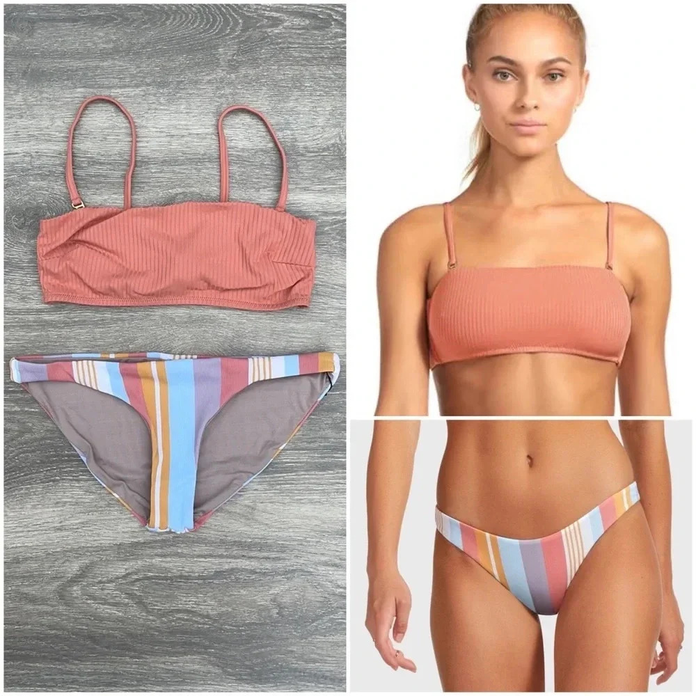 Vitamin A Mila Bandeau in soft coral & Luciana Hipster Bottom in verano stripe